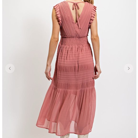 175. Back Tie Pleated Midi Dress with Lining - Picture 3 of 4